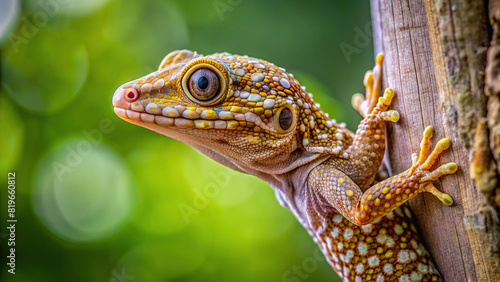 Detailed shot of a gecko clinging to a tree trunk  clear background