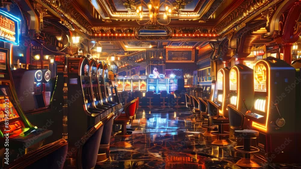A casino with rows of slot machines illuminated by colorful lights A casino with rows of slot machines illuminated by colorful lights