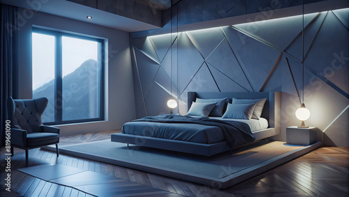 Minimalist bedroom with platform bed, monochrome palette, and geometric accents photo