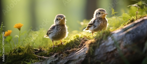 Two fieldfare chicks Turdus pilaris have ventured out of their nest and are perched on the fresh spring lawn eagerly anticipating food from their parents in a charming wildlife scene with a copy spac photo
