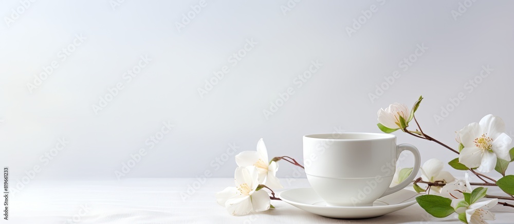 White flower and cup of coffee displayed on a white surface with a copy space image White flower and cup of coffee displayed on a white surface with a copy space image