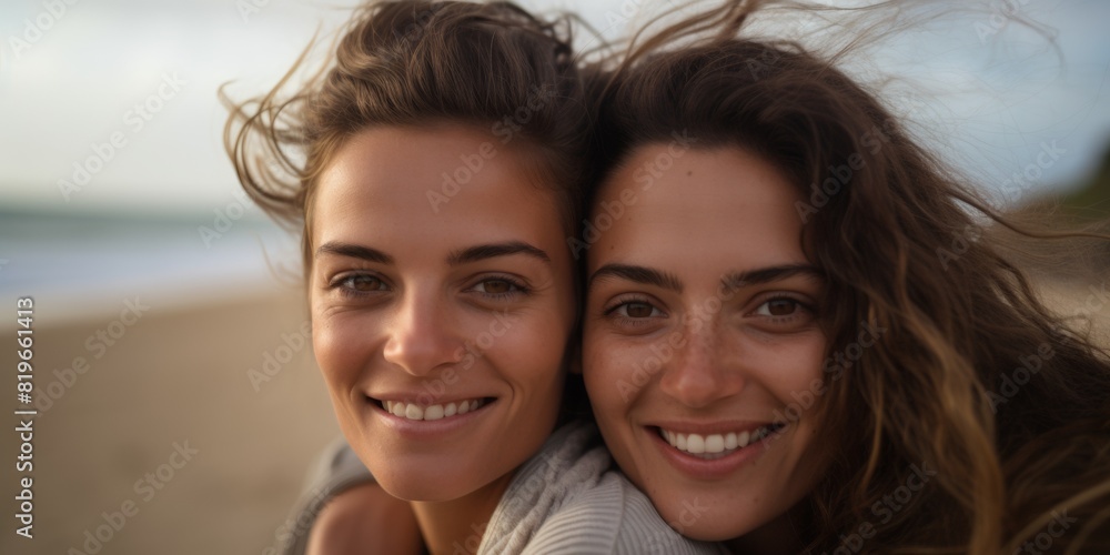 Two young women in love hugging on the beach, close-up portrait of lesbians. Generative AI. Two young women in love hugging on the beach, close-up portrait of lesbians. Generative AI.