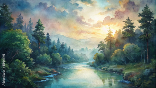 An enchanting view of a tranquil river flowing through a dense forest, with sunlight filtering through the canopy under a watercolor sky photo