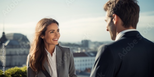 Business partners communicate on the roof of the office on the terrace. Generative AI.