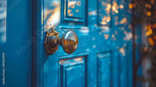 Ornate brass doorknob on a blue door, bokeh lights in background, concept of entrance. Generative AI photo