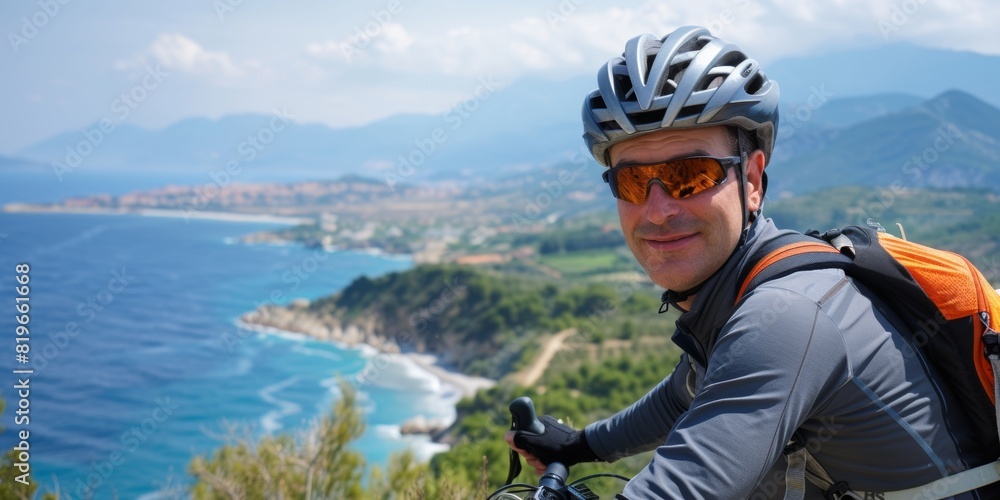 A bearded cyclist in a helmet and glasses smiles. Portrait of a biker in the park. Generative AI. A bearded cyclist in a helmet and glasses smiles. Portrait of a biker in the park. Generative AI.