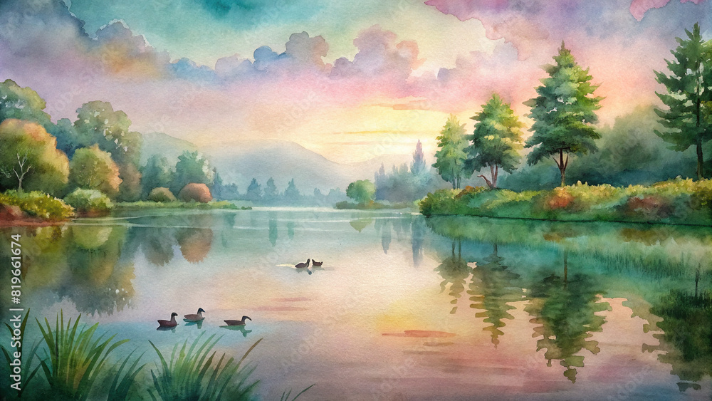 A tranquil lakeside scene with ducks swimming peacefully, surrounded by lush greenery and reflected in the calm waters under a watercolor sky