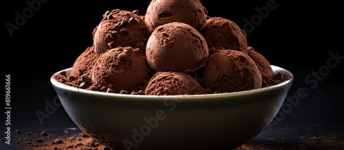 Chocolate coffee ice cream balls in a bowl with a dark background perfect for a copy space image photo