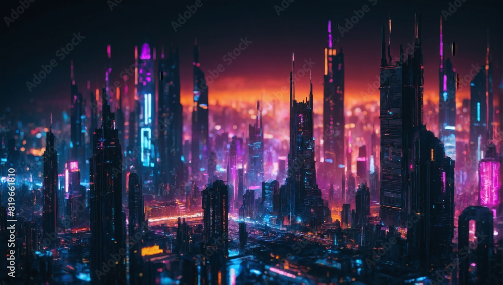 Neon-lit Cyber Metropolis, Abstract Futuristic Cityscape with Cyberpunk Aesthetic.