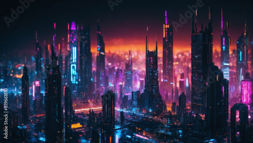 Neon-lit Cyber Metropolis, Abstract Futuristic Cityscape with Cyberpunk Aesthetic.