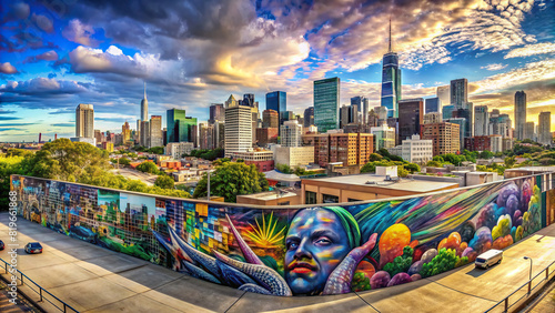 Panoramic view of a city skyline with a large graffiti mural as the focal point, adding a touch of urban artistry to the landscape  photo