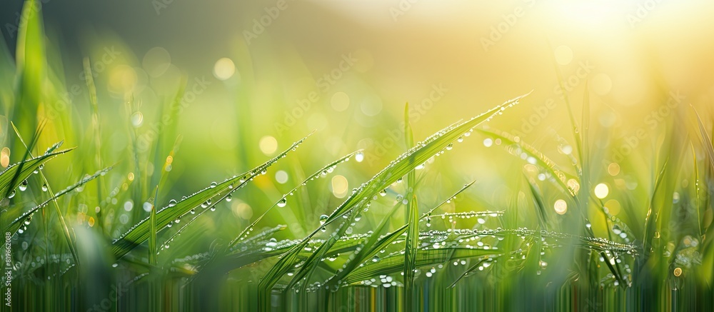 Dew glistens on the lush green paddy leaves against a beautiful sunrise backdrop in a tranquil rural setting in this stunning copy space image