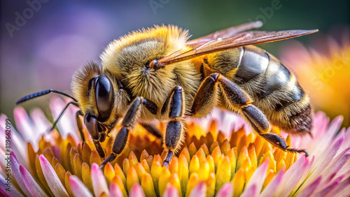 Extreme close-up of a bee collecting nectar from a flower, with clear background, focusing on its proboscis and fuzzy body