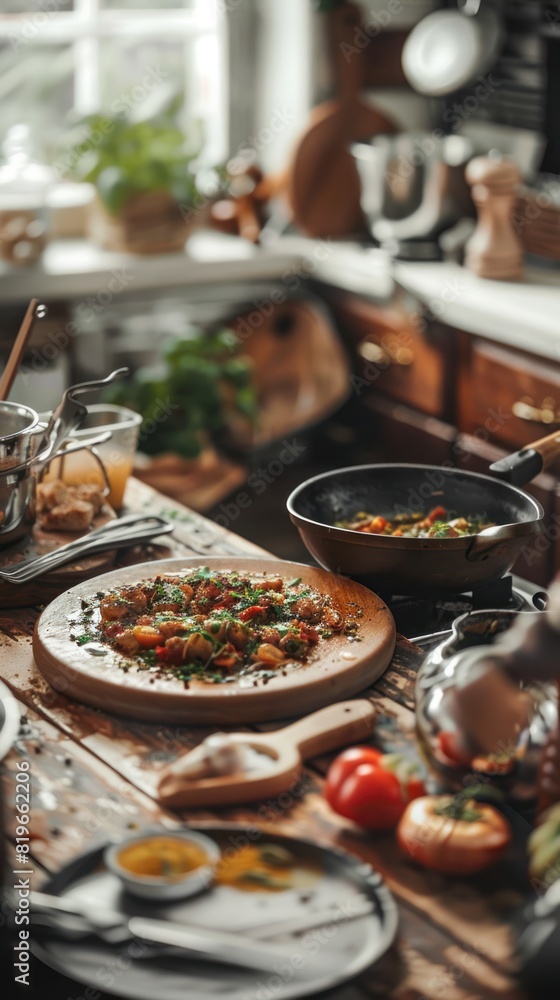 Chef Preparing Gourmet Dish in Rustic Kitchen - A chef sprinkles herbs over a gourmet dish in a rustic kitchen, highlighting the art of culinary presentation with fresh ingredients and vibrant flavors