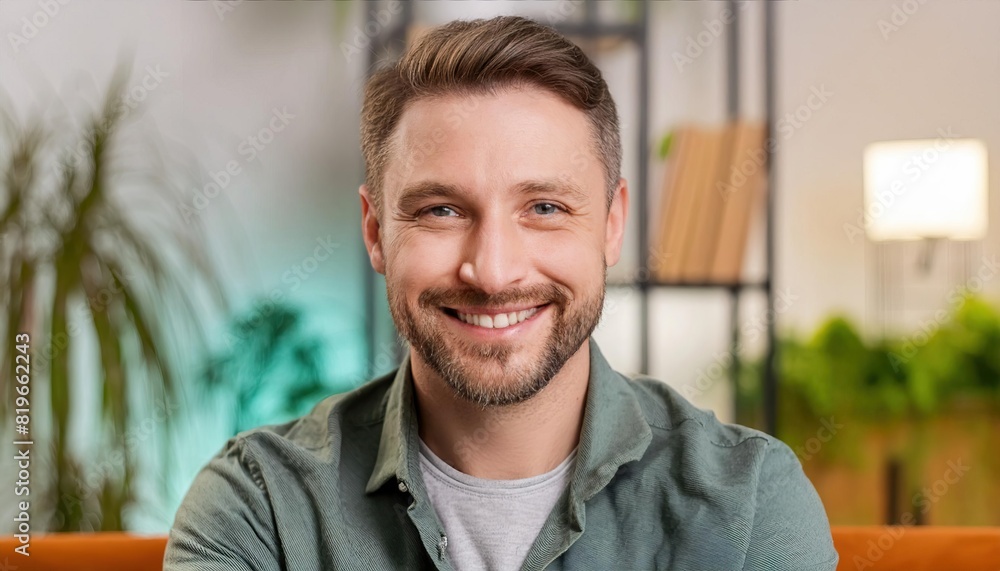 close up headshot portrait of smiling 30s Caucasian man look at camera posing in own flat or apartment close up headshot portrait of smiling 30s Caucasian man look at camera posing in own flat or apartment
