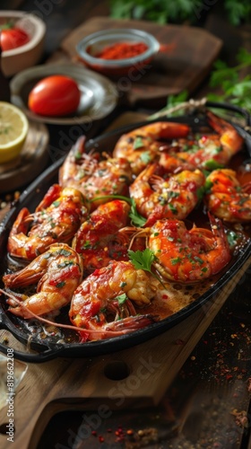 Grilled Shrimp in Garlic Butter Sauce - Delicious grilled shrimp in garlic butter sauce, garnished with fresh herbs and spices, served on a rustic wooden table. Perfect for seafood lovers.