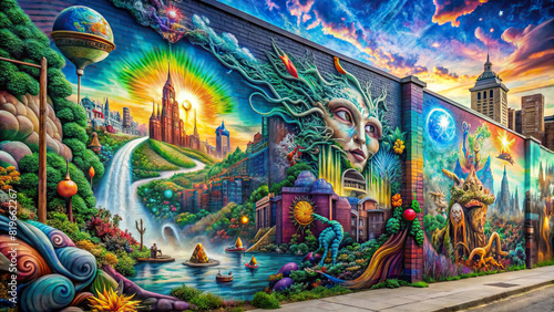 Full-wall graffiti mural depicting a surreal scene with fantasy elements, transforming the urban space into a realm of imagination 