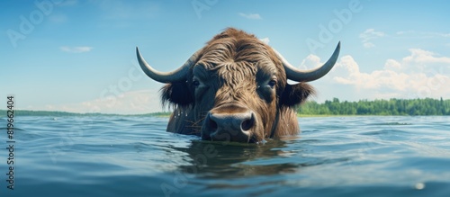 A large buffalo happily swimming in the summer water with a scenic background for copyspace images