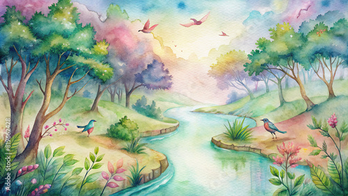 A charming illustration of a babbling brook winding through a lush forest, with colorful birds perched on branches under a watercolor sky