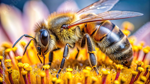 Extreme close-up of a bee pollinating a flower, pollen grains visible, clear background