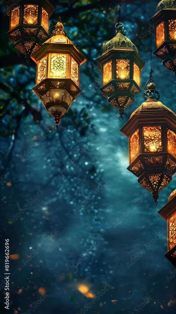 Beautiful lanterns hanging from a starry night sky, Ramadan concept background Beautiful lanterns hanging from a starry night sky, Ramadan concept background