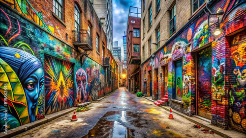 A panoramic shot of a city alley transformed into an outdoor art gallery, showcasing a variety of graffiti pieces. photo