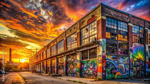 A wide-angle view of a graffiti-covered industrial building, bathed in the warm glow of sunset, creating a captivating urban landscape