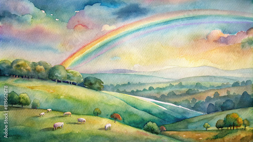 A serene countryside vista with rolling hills, grazing sheep, and a colorful rainbow arching across the sky after a light rain shower