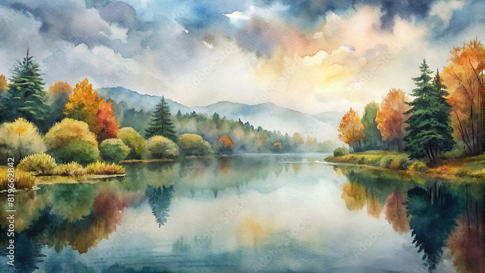 Panoramic view of a tranquil lake surrounded by lush greenery, with colorful autumn foliage reflecting in the calm waters under a cloudy sky 