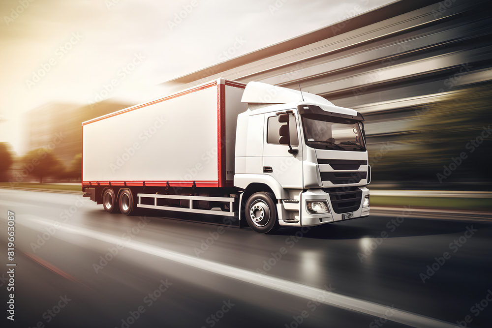 Fototapeta premium White Truck moving isolated on the road, blur image, 3d rendering 