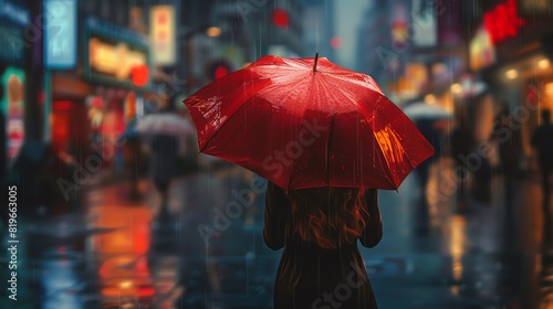 Person holding red umbrella in city street at night, with neon lights reflecting off wet pavement and a bustling atmosphere.