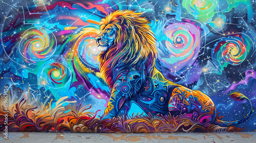 Vibrant urban mural featuring a majestic lion against a backdrop of swirling galaxies.