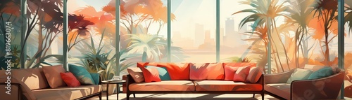 Sunroom background flat design top view modern minimalist retreat theme water color Triadic Color Scheme