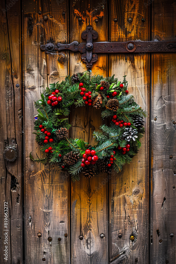 Christmas wreath - a symbol of eternal love and rebirth on the wooden front door of the house, the wreath symbolizes generosity and family unity Christmas wreath - a symbol of eternal love and rebirth on the wooden front door of the house, the wreath symbolizes generosity and family unity
