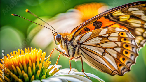 Extreme close-up of a butterfly's proboscis probing a flower, clear background