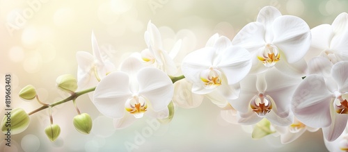 Fresh floral background with blooming white moth orchid flowers Macro shot in a greenhouse with copy space image © Ilgun