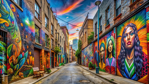 A panoramic view of a city alley filled with striking street art murals, adding character to the urban landscape. © rattinan