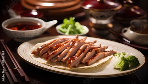 Peking duck, dish from Beijing, the Imperial era. The meat is characterized by its thin, crispy skin photo