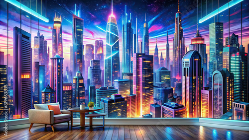 Full-wall mural depicting a futuristic cityscape with neon lights and skyscrapers, blending urban architecture with artistic imagination 