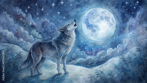 A lone wolf howls at the full moon, its haunting cry echoing through the stillness of the night as fireflies dance around it photo