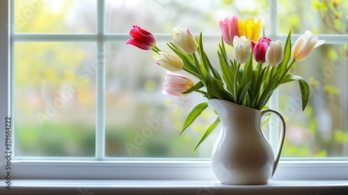 A beautiful bouquet of colorful tulips in a white pitcher on a windowsill, with a soft focus on the lush garden outside the window.