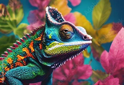 AI generated illustration of a vibrant chameleon perched on a tree