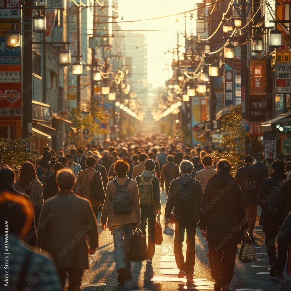 Many people wearing suits and business casual clothes walked on the busy street. The place was full of crowds of office workers wearing suits going to work.