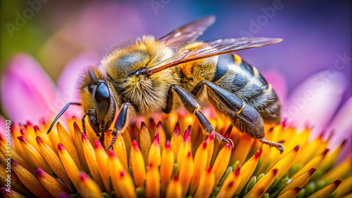 Macro shot of a bee gathering nectar from a flower, with clear focus