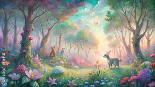 A whimsical painting of a magical forest glade, where woodland creatures frolic among vibrant flowers under a soft, pastel sky photo