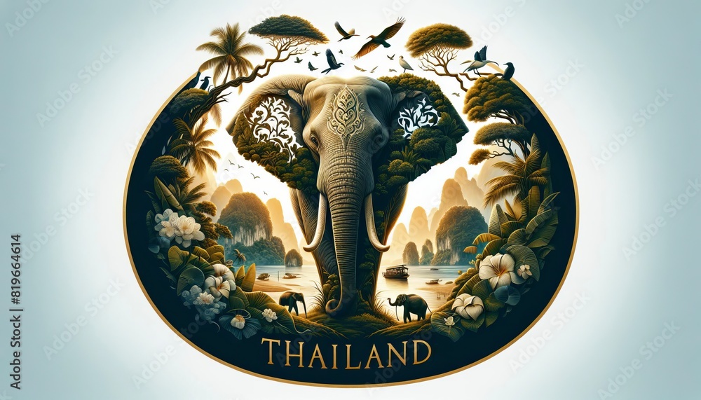 Traditional Elephant Amidst Thai Scenery Depicts a Vibrant Culture with Thailand Text for Shirt Design Traditional Elephant Amidst Thai Scenery Depicts a Vibrant Culture with Thailand Text for Shirt Design