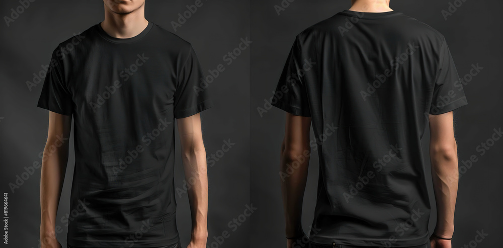 Black T-Shirt Mockup with Front and Back View of Man Wearing Simple Black Crew Neck T-Shirt on a Black Background Black T-Shirt Mockup with Front and Back View of Man Wearing Simple Black Crew Neck T-Shirt on a Black Background
