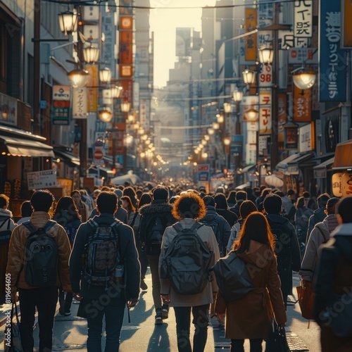 Many people wearing suits and business casual clothes walked on the busy street. The place was full of crowds of office workers wearing suits going to work. © callmeers