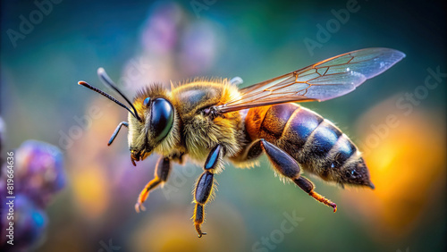 Macro photograph of a bee in mid-flight, with clear background, capturing its pollen baskets and transparent wings © prasit