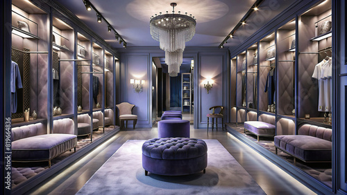 A glamorous dressing room with mirrored vanities, custom closets, and soft velvet seating, offering a space for pampering and glamour.
